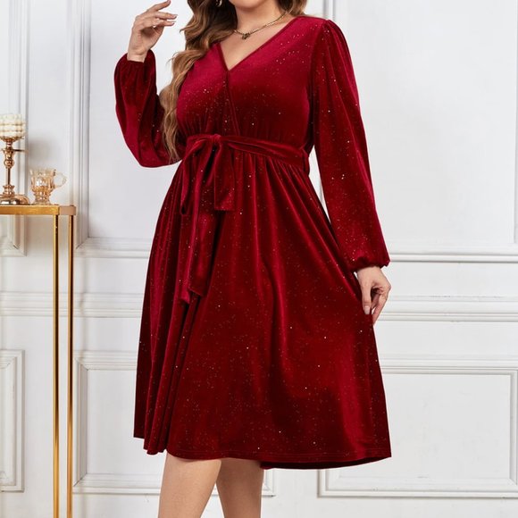 Melo Apparel Plus Size Surplice Neck Balloon Sleeve Tie Belt Midi Dress - Picture 2 of 8